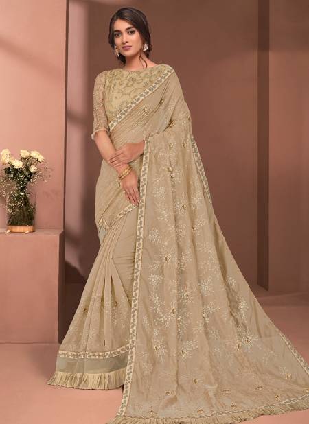 Beige Colour NORITA ROYAL RAISSA Party Festive Wear Tissue Embroidered Saree With Stitched Blouse 41017 A